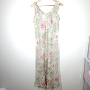 Vtg 90s Y2K Green Pink Floral Crinkle Midi Maxi Dress Fairy Cottagecore Romantic